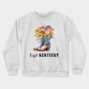 I Love Kentucky Boho Cowboy Boots with Flowers Watercolor Art Crewneck Sweatshirt